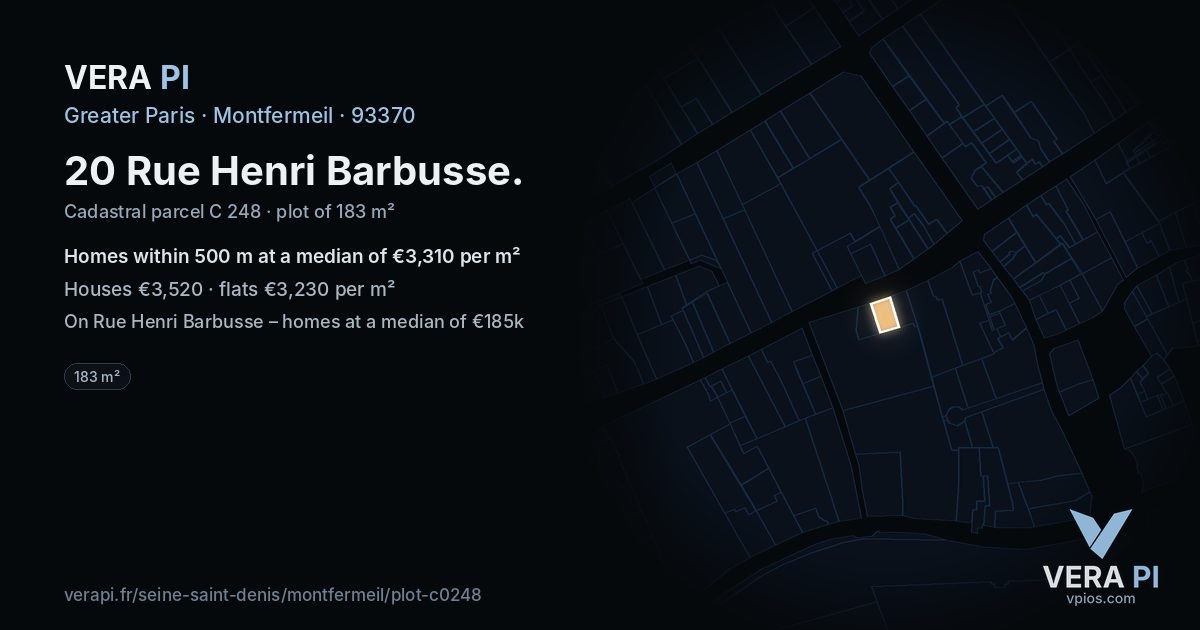 20 Rue Henri Barbusse, Montfermeil at night – the plot lit, the parcels around coloured by the prices near them