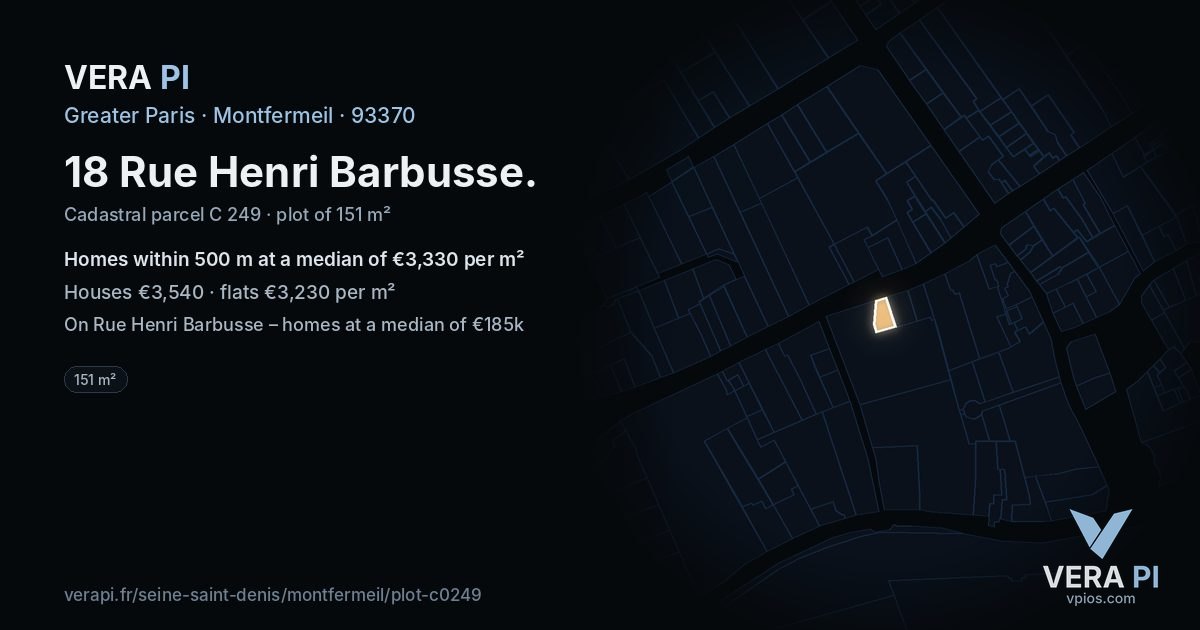 18 Rue Henri Barbusse, Montfermeil at night – the plot lit, the parcels around coloured by the prices near them