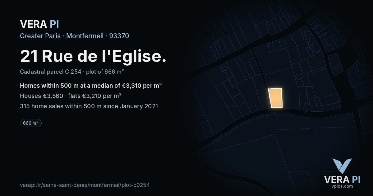 21 Rue de l'Eglise, Montfermeil at night – the plot lit, the parcels around coloured by the prices near them
