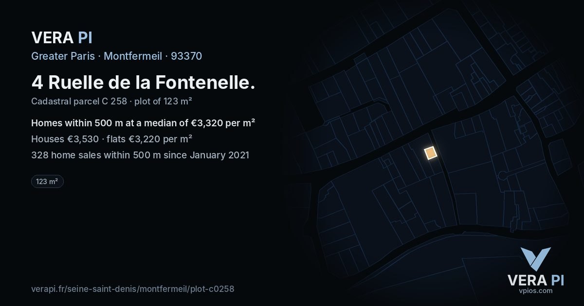 4 Ruelle de la Fontenelle, Montfermeil at night – the plot lit, the parcels around coloured by the prices near them