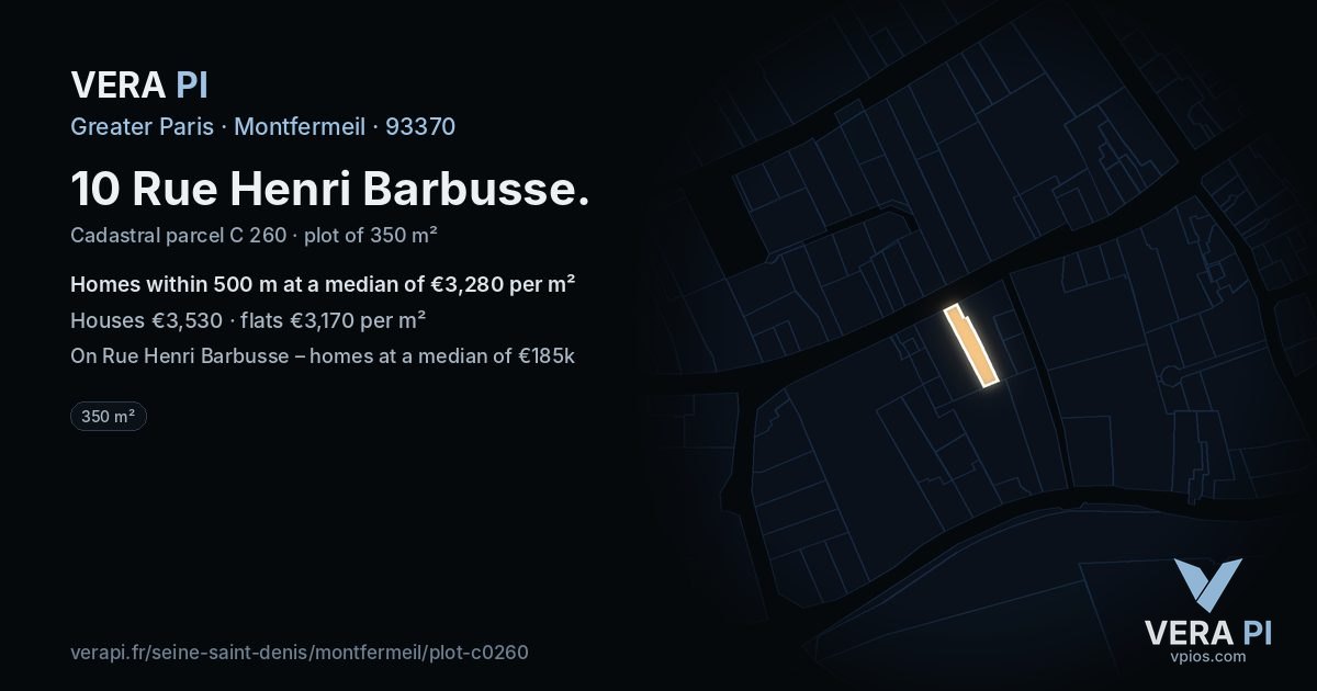 10 Rue Henri Barbusse, Montfermeil at night – the plot lit, the parcels around coloured by the prices near them