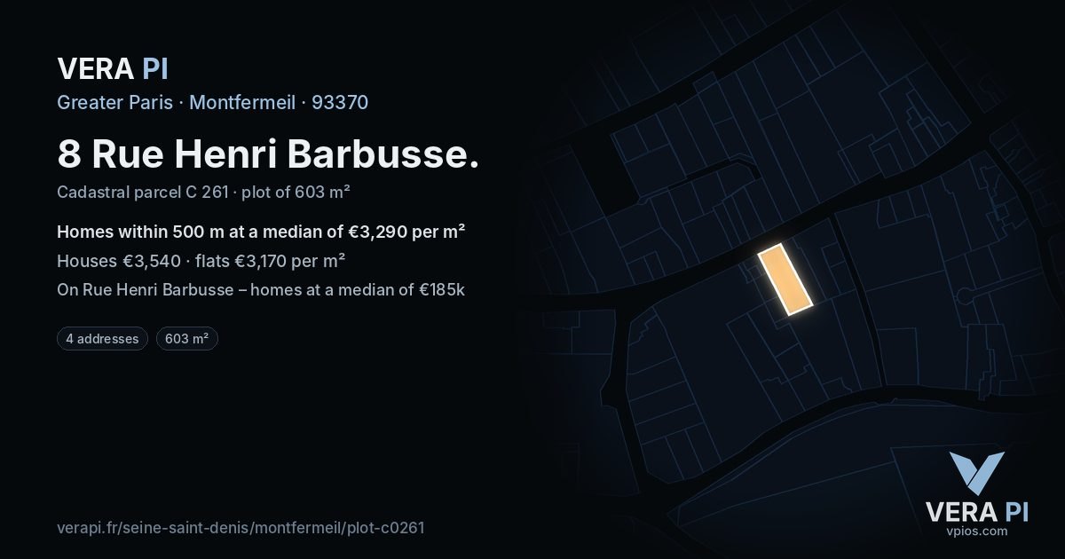 8 Rue Henri Barbusse, Montfermeil at night – the plot lit, the parcels around coloured by the prices near them