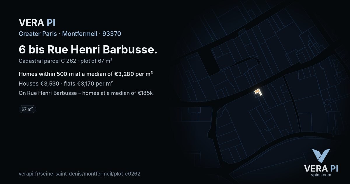 6 bis Rue Henri Barbusse, Montfermeil at night – the plot lit, the parcels around coloured by the prices near them