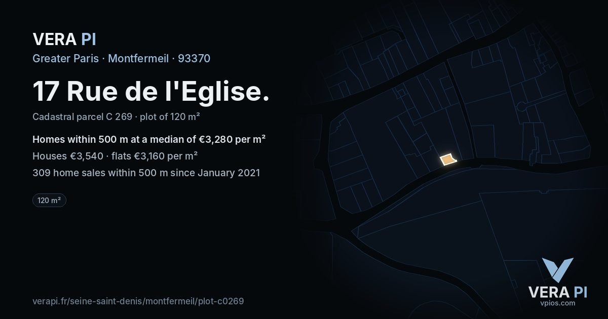 17 Rue de l'Eglise, Montfermeil at night – the plot lit, the parcels around coloured by the prices near them