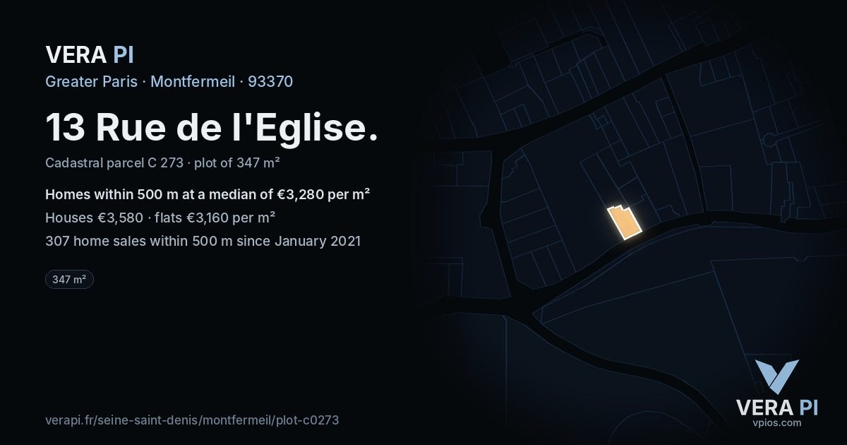 13 Rue de l'Eglise, Montfermeil at night – the plot lit, the parcels around coloured by the prices near them