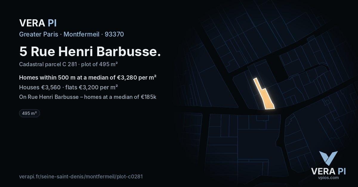 5 Rue Henri Barbusse, Montfermeil at night – the plot lit, the parcels around coloured by the prices near them