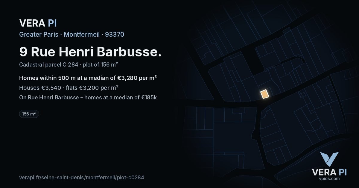 9 Rue Henri Barbusse, Montfermeil at night – the plot lit, the parcels around coloured by the prices near them