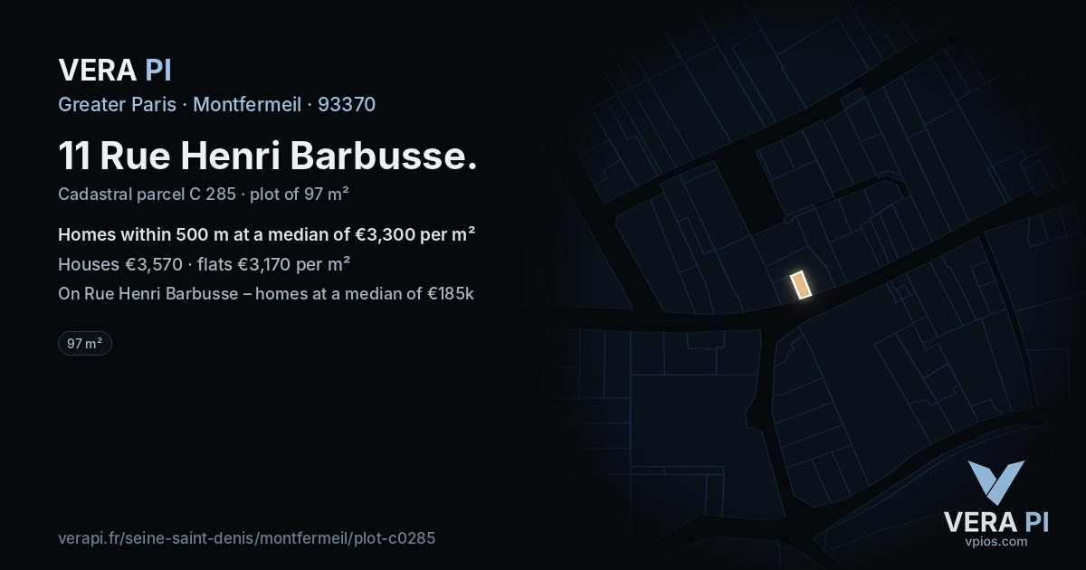 11 Rue Henri Barbusse, Montfermeil at night – the plot lit, the parcels around coloured by the prices near them