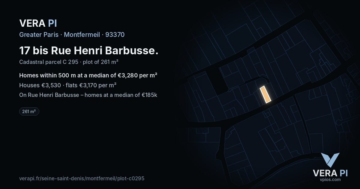 17 bis Rue Henri Barbusse, Montfermeil at night – the plot lit, the parcels around coloured by the prices near them