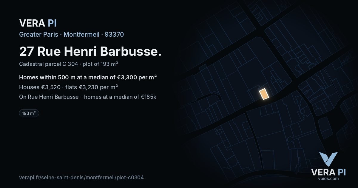 27 Rue Henri Barbusse, Montfermeil at night – the plot lit, the parcels around coloured by the prices near them