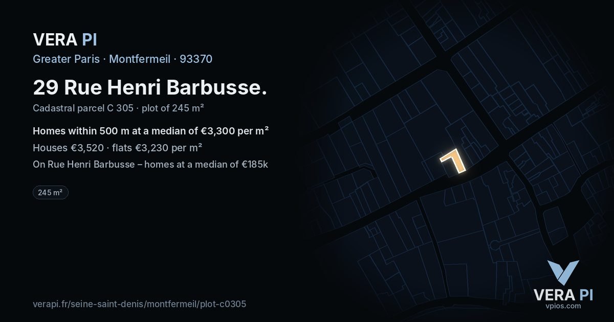 29 Rue Henri Barbusse, Montfermeil at night – the plot lit, the parcels around coloured by the prices near them