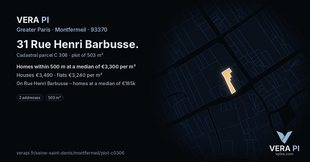 31 Rue Henri Barbusse, Montfermeil at night – the plot lit, the parcels around coloured by the prices near them