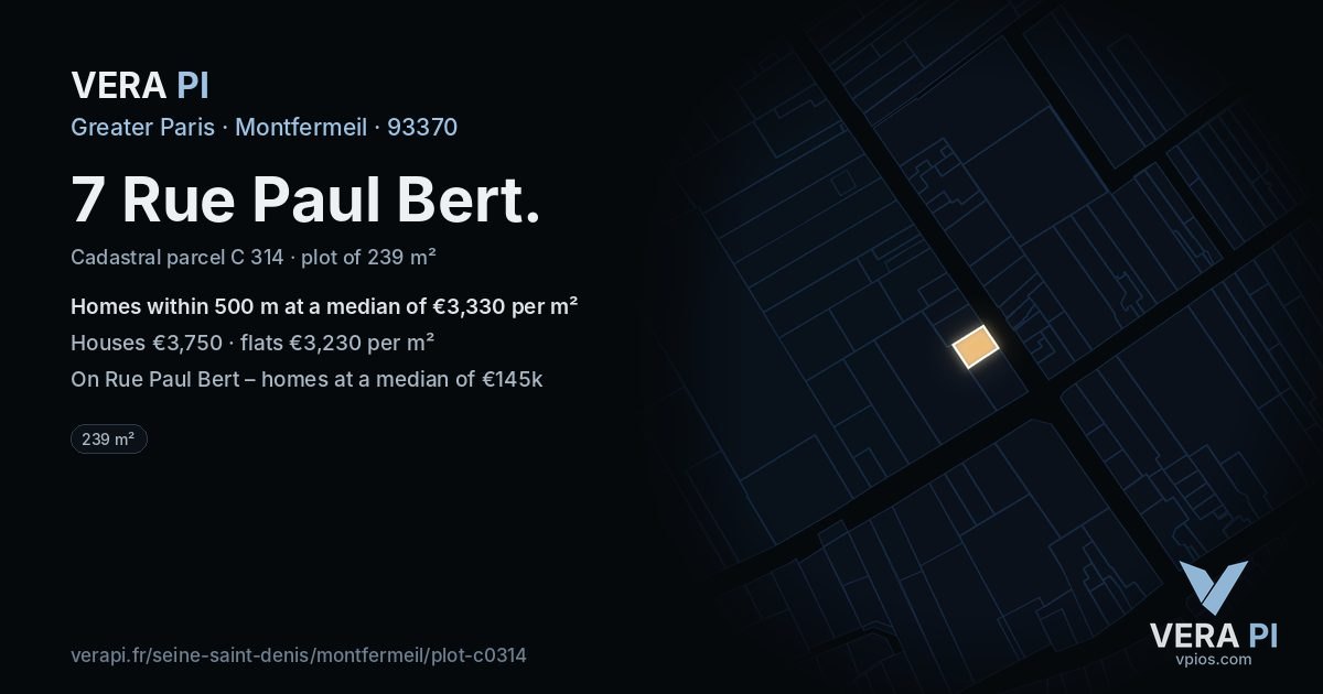 7 Rue Paul Bert, Montfermeil at night – the plot lit, the parcels around coloured by the prices near them