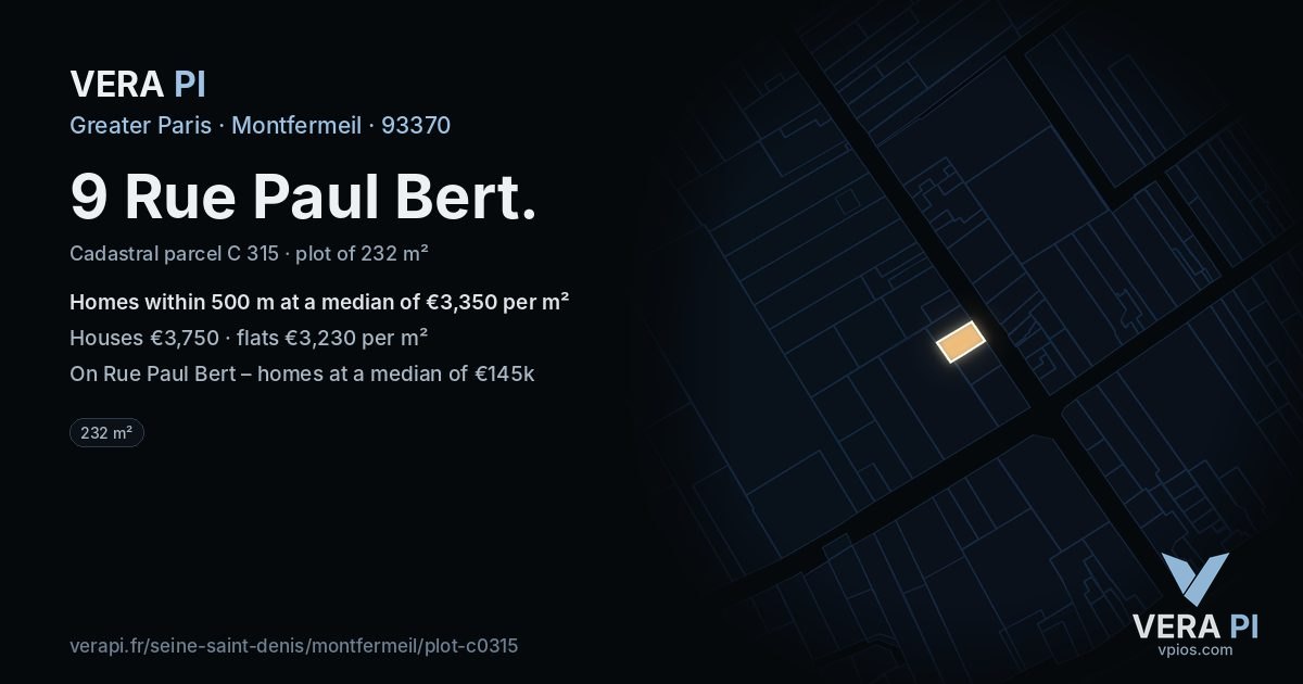 9 Rue Paul Bert, Montfermeil at night – the plot lit, the parcels around coloured by the prices near them