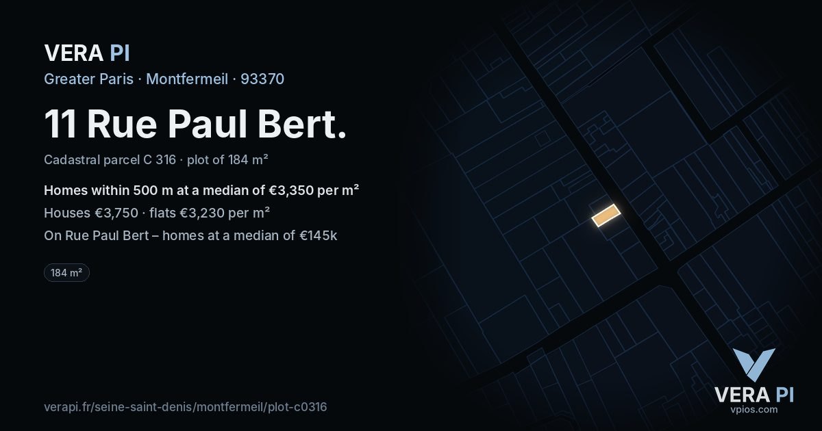 11 Rue Paul Bert, Montfermeil at night – the plot lit, the parcels around coloured by the prices near them