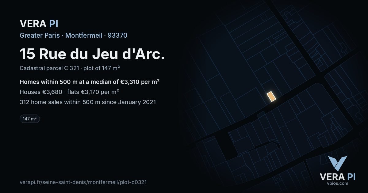 15 Rue du Jeu d'Arc, Montfermeil at night – the plot lit, the parcels around coloured by the prices near them