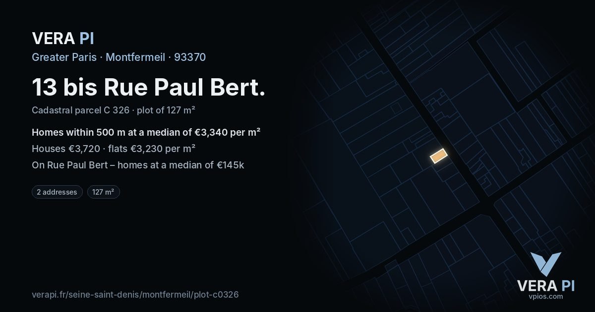 13 bis Rue Paul Bert, Montfermeil at night – the plot lit, the parcels around coloured by the prices near them