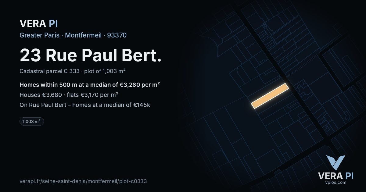 23 Rue Paul Bert, Montfermeil at night – the plot lit, the parcels around coloured by the prices near them
