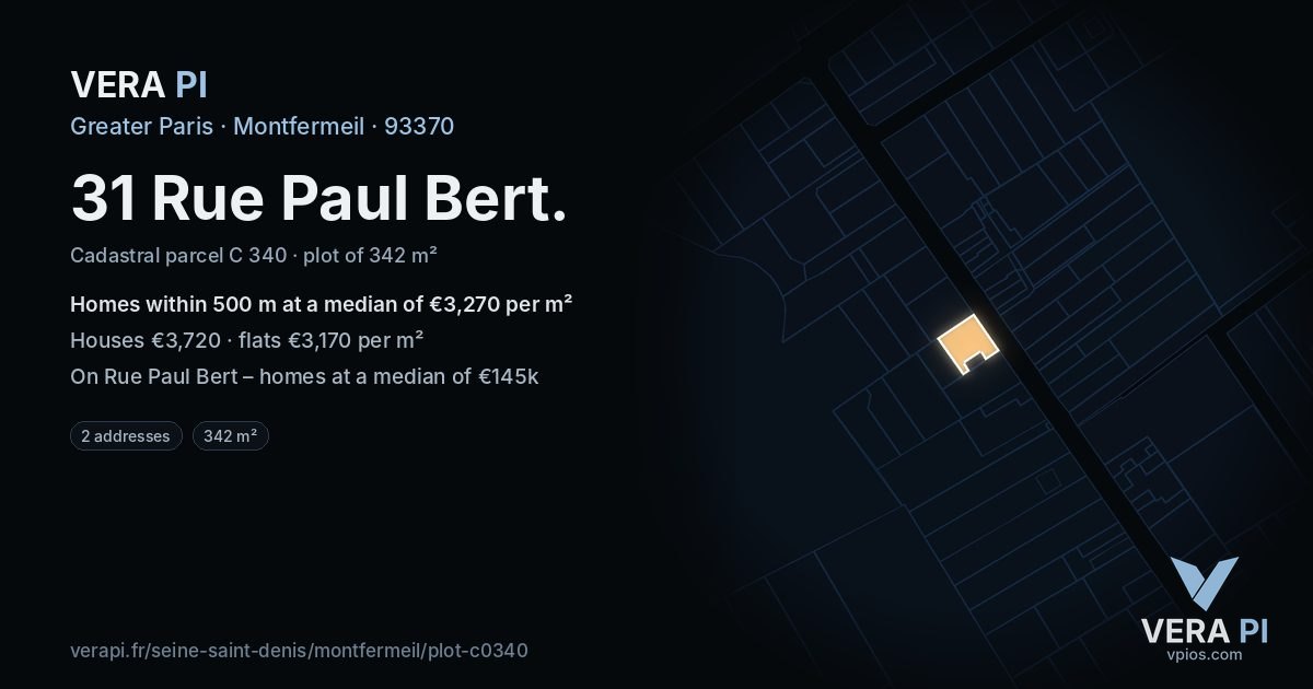 31 Rue Paul Bert, Montfermeil at night – the plot lit, the parcels around coloured by the prices near them