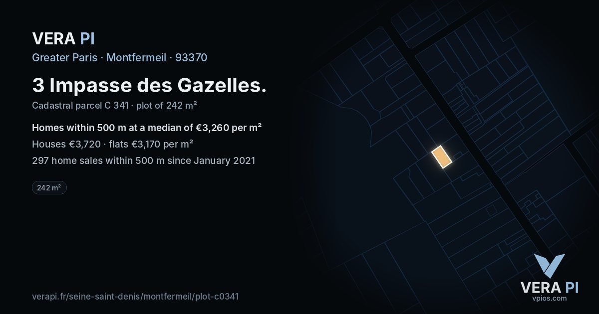 3 Impasse des Gazelles, Montfermeil at night – the plot lit, the parcels around coloured by the prices near them