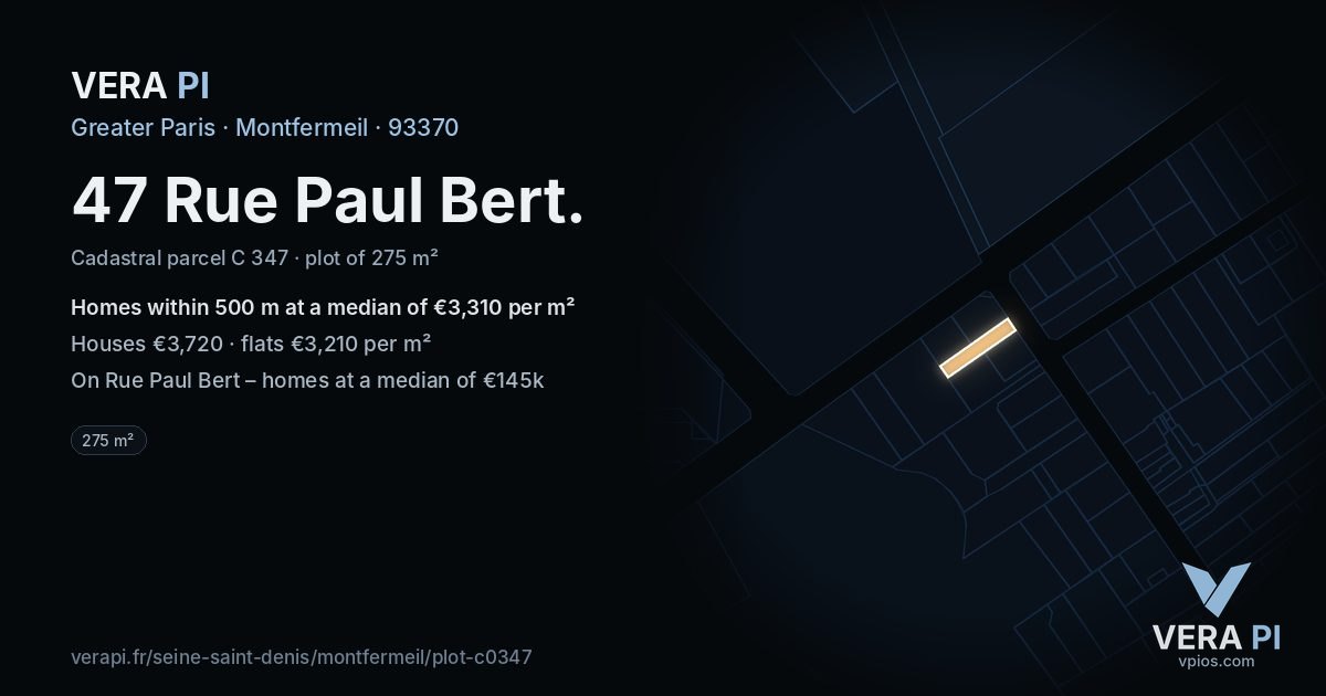 47 Rue Paul Bert, Montfermeil at night – the plot lit, the parcels around coloured by the prices near them