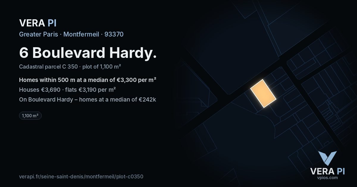 6 Boulevard Hardy, Montfermeil at night – the plot lit, the parcels around coloured by the prices near them
