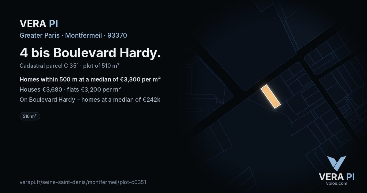 4 bis Boulevard Hardy, Montfermeil at night – the plot lit, the parcels around coloured by the prices near them