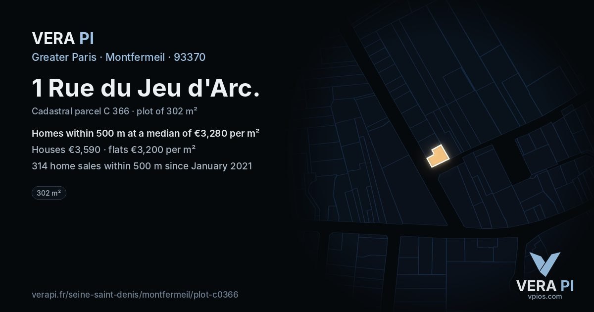 1 Rue du Jeu d'Arc, Montfermeil at night – the plot lit, the parcels around coloured by the prices near them