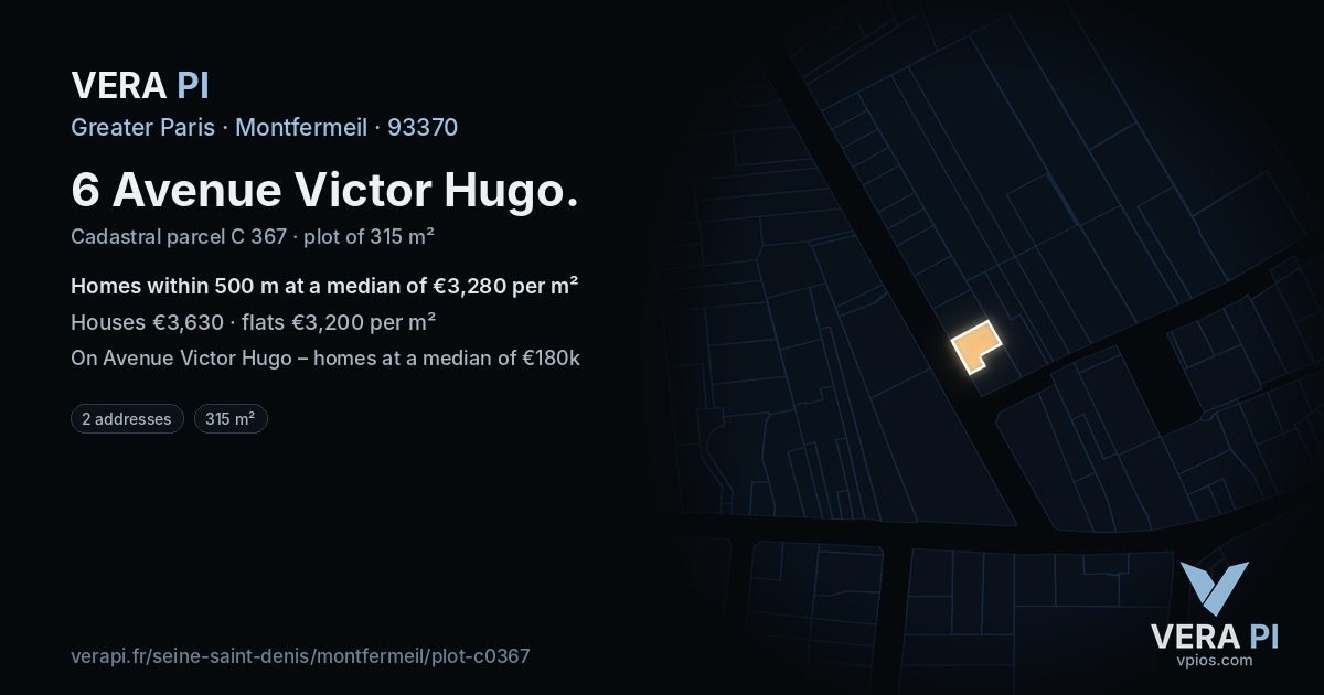 6 Avenue Victor Hugo, Montfermeil at night – the plot lit, the parcels around coloured by the prices near them