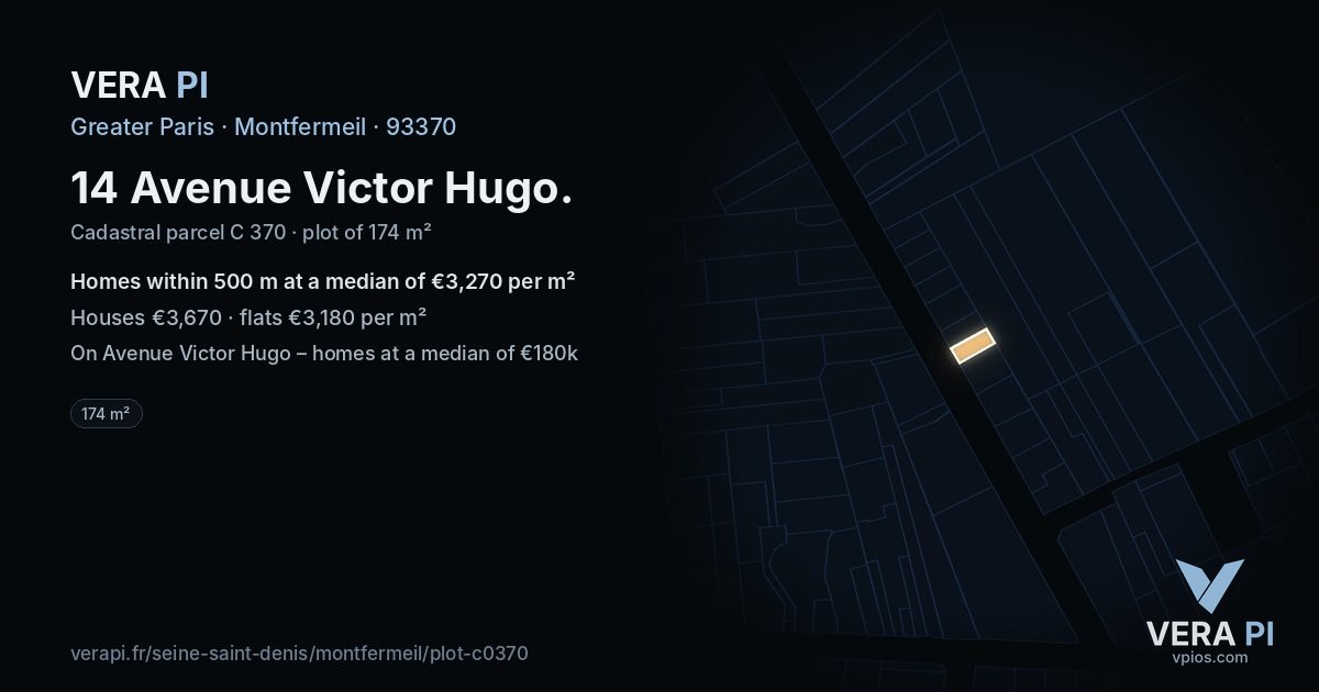 14 Avenue Victor Hugo, Montfermeil at night – the plot lit, the parcels around coloured by the prices near them