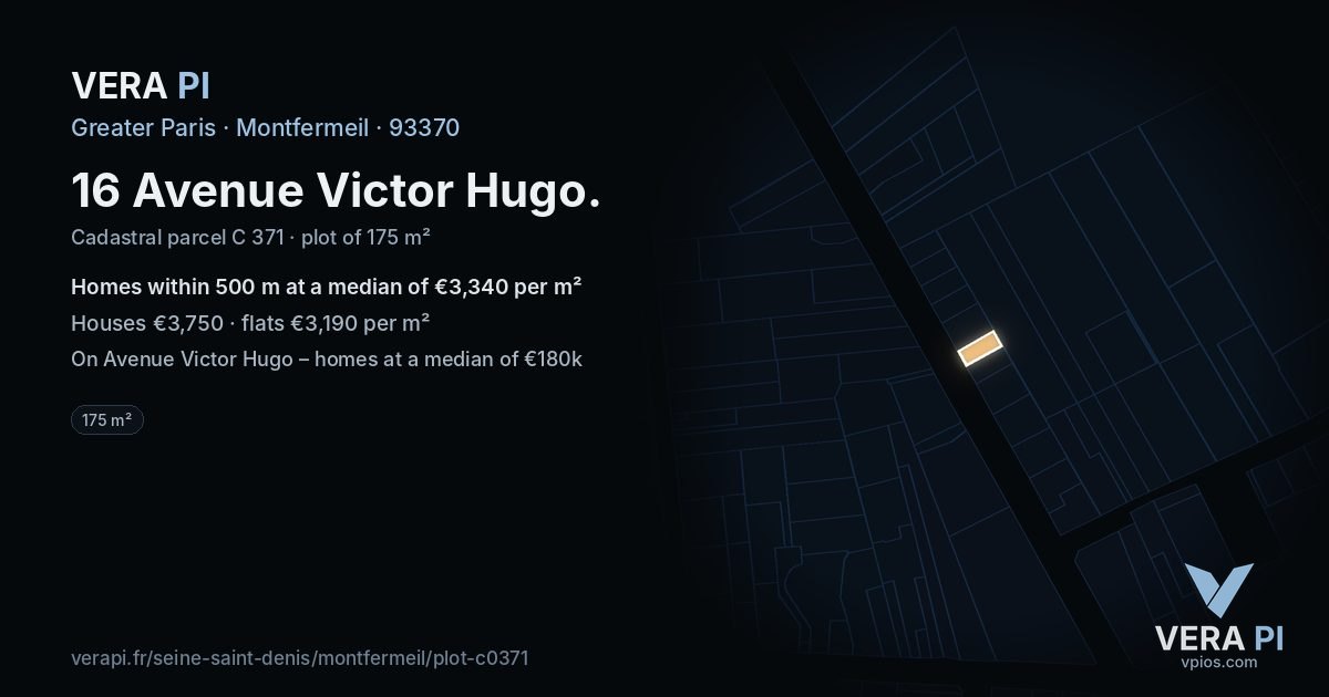 16 Avenue Victor Hugo, Montfermeil at night – the plot lit, the parcels around coloured by the prices near them