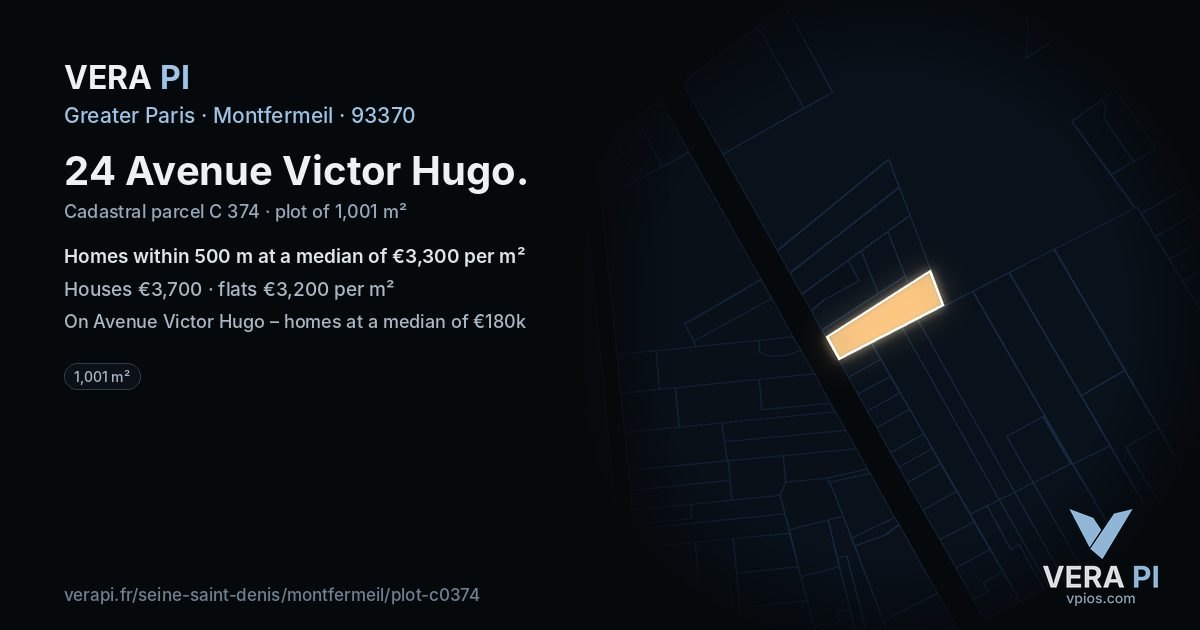 24 Avenue Victor Hugo, Montfermeil at night – the plot lit, the parcels around coloured by the prices near them