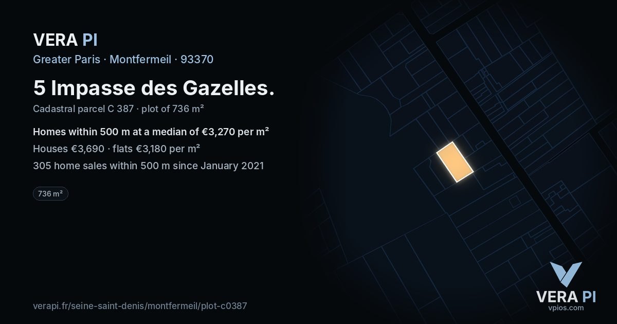 5 Impasse des Gazelles, Montfermeil at night – the plot lit, the parcels around coloured by the prices near them