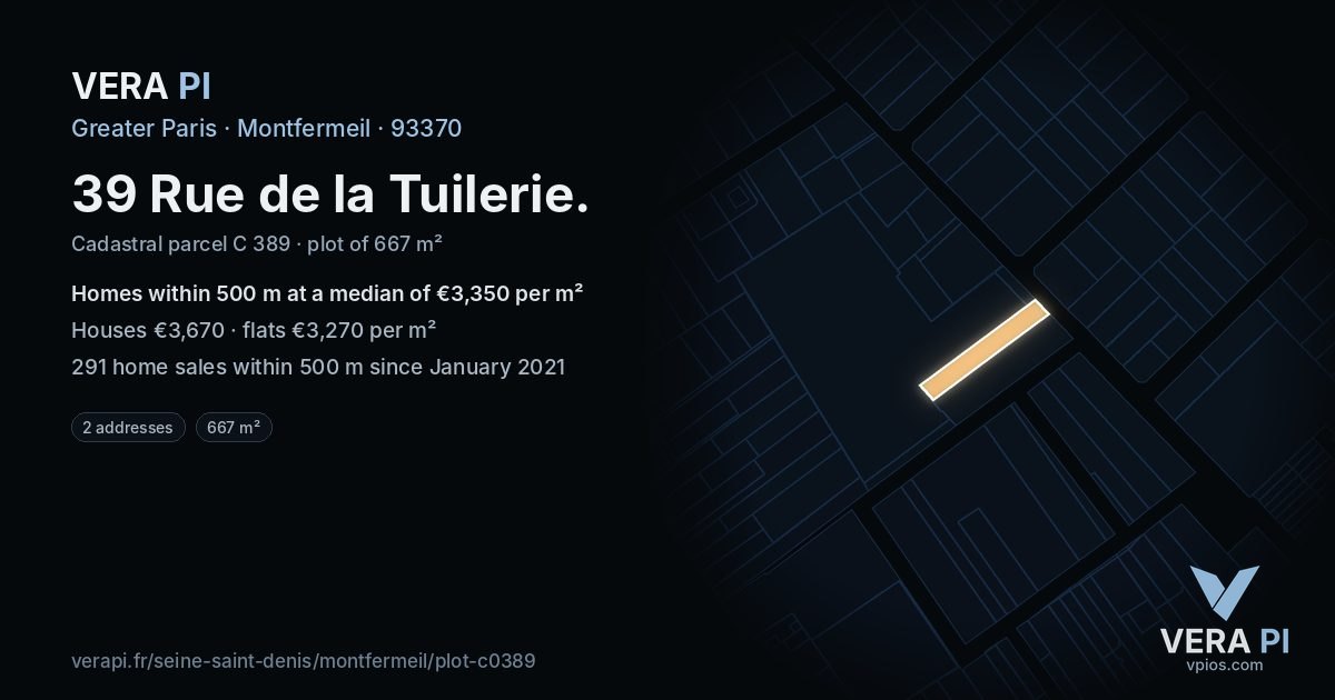 39 Rue de la Tuilerie, Montfermeil at night – the plot lit, the parcels around coloured by the prices near them