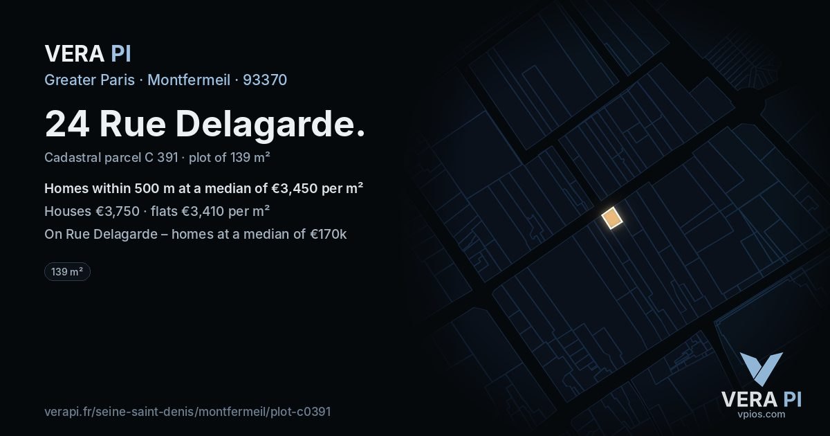 24 Rue Delagarde, Montfermeil at night – the plot lit, the parcels around coloured by the prices near them