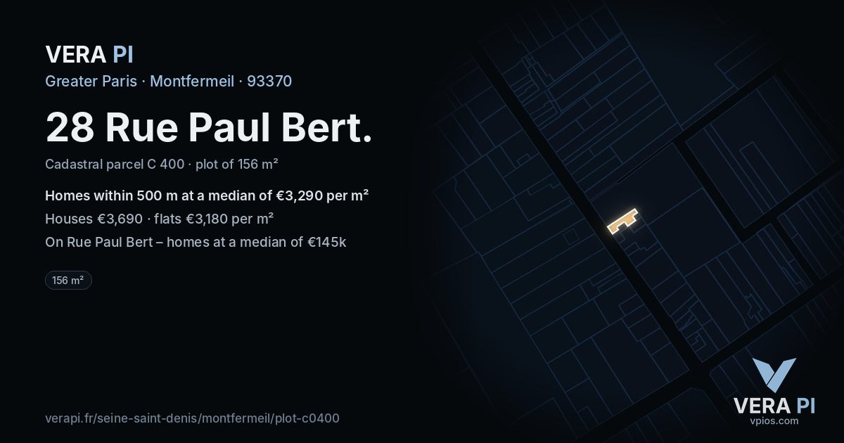 28 Rue Paul Bert, Montfermeil at night – the plot lit, the parcels around coloured by the prices near them
