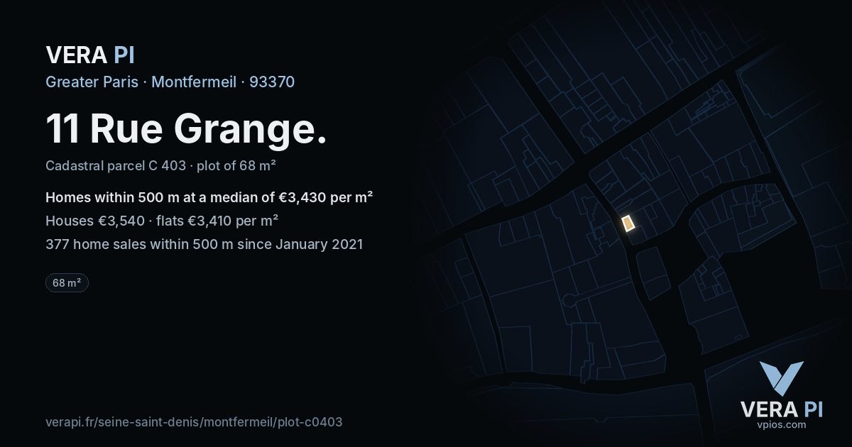 11 Rue Grange, Montfermeil at night – the plot lit, the parcels around coloured by the prices near them