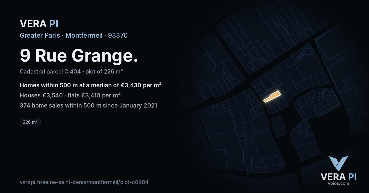 9 Rue Grange, Montfermeil at night – the plot lit, the parcels around coloured by the prices near them