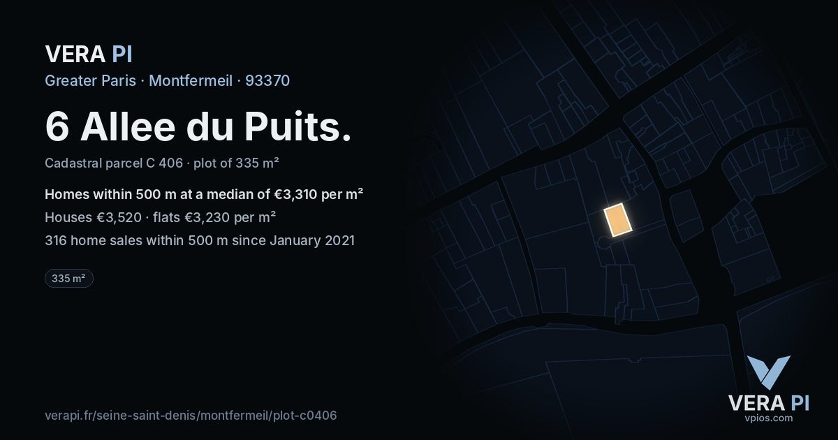 6 Allee du Puits, Montfermeil at night – the plot lit, the parcels around coloured by the prices near them