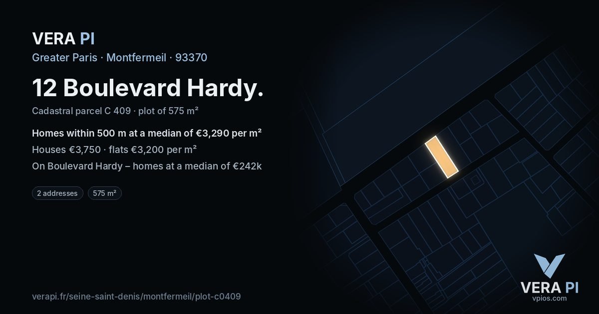 12 Boulevard Hardy, Montfermeil at night – the plot lit, the parcels around coloured by the prices near them