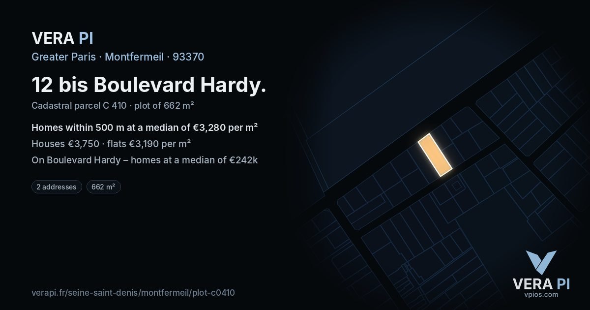 12 bis Boulevard Hardy, Montfermeil at night – the plot lit, the parcels around coloured by the prices near them
