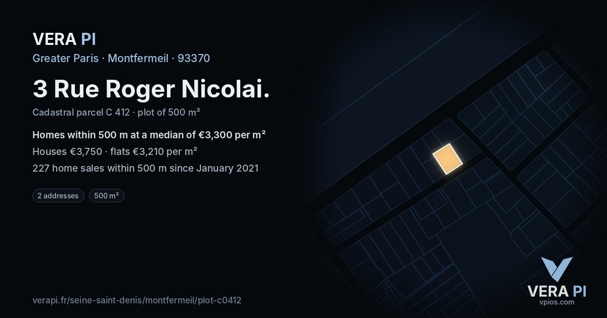 3 Rue Roger Nicolai, Montfermeil at night – the plot lit, the parcels around coloured by the prices near them