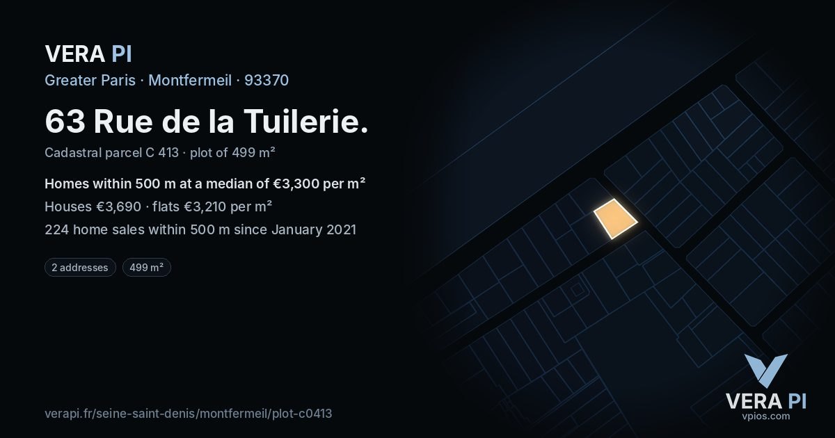 63 Rue de la Tuilerie, Montfermeil at night – the plot lit, the parcels around coloured by the prices near them