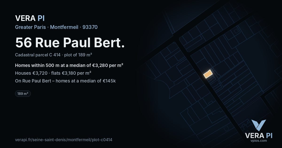 56 Rue Paul Bert, Montfermeil at night – the plot lit, the parcels around coloured by the prices near them