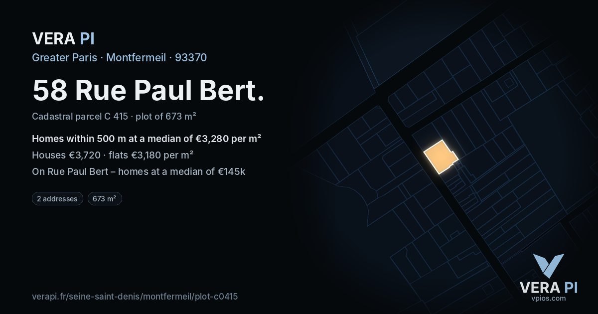 58 Rue Paul Bert, Montfermeil at night – the plot lit, the parcels around coloured by the prices near them