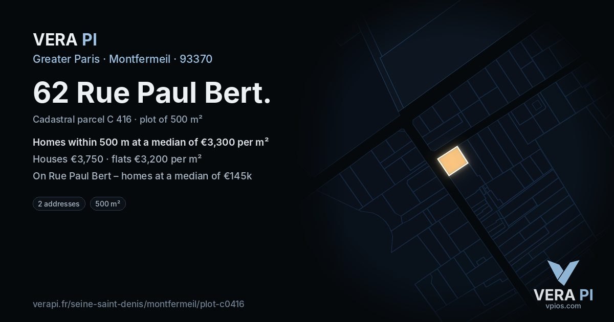 62 Rue Paul Bert, Montfermeil at night – the plot lit, the parcels around coloured by the prices near them