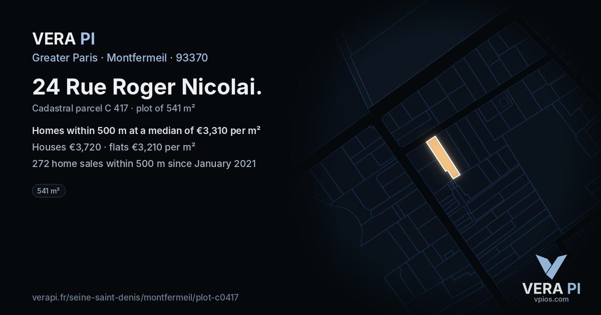 24 Rue Roger Nicolai, Montfermeil at night – the plot lit, the parcels around coloured by the prices near them