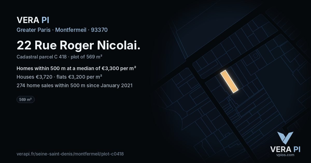 22 Rue Roger Nicolai, Montfermeil at night – the plot lit, the parcels around coloured by the prices near them