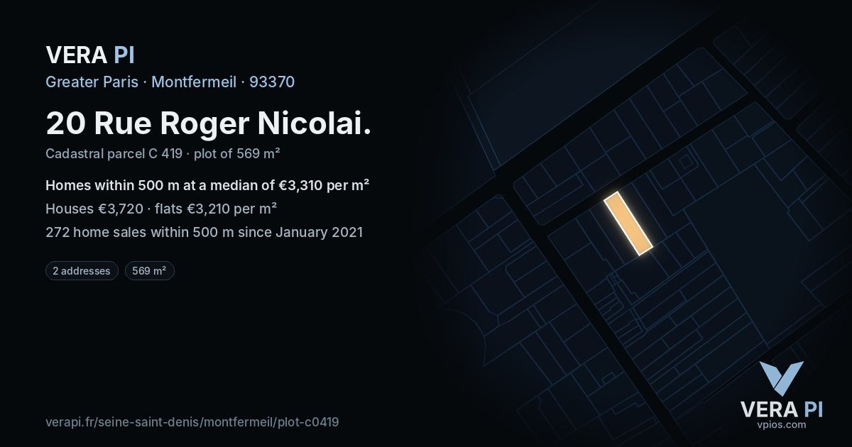 20 Rue Roger Nicolai, Montfermeil at night – the plot lit, the parcels around coloured by the prices near them