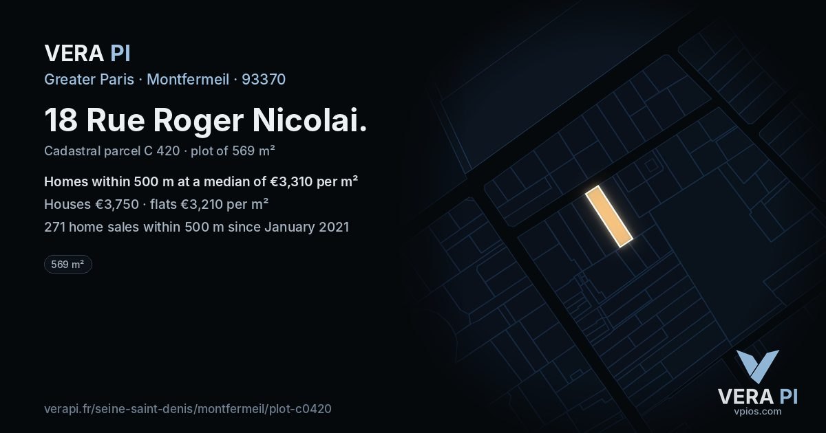 18 Rue Roger Nicolai, Montfermeil at night – the plot lit, the parcels around coloured by the prices near them